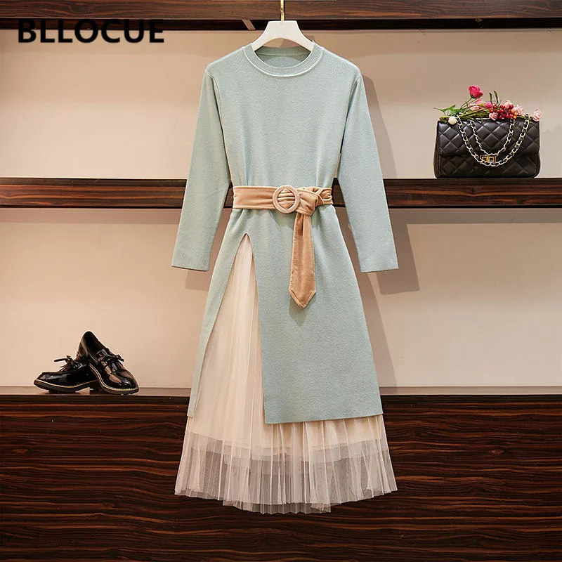 BLLOCUE Autumn Winter Women O-Neck Long Sleeve Sashes Open Fork Long Knit Top + Elastic Waist Mesh Skirts Set 2 Pieces Set
BLLOCUE Autumn Winter Women O-Neck Long Sleeve Sashes Open Fork Long Knit Top + Elastic Waist Mesh Skirts Set 2 Pieces Set