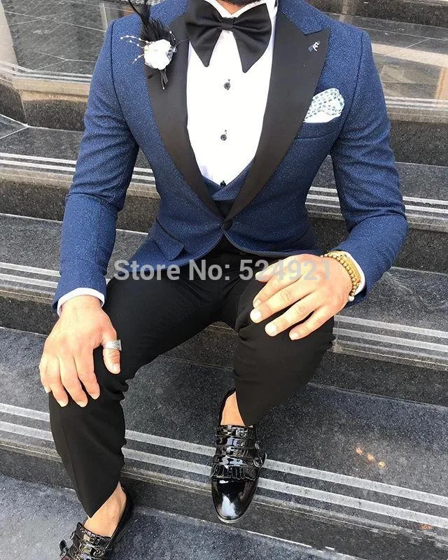 

Groomsmen Navy Blue with Black Groom Tuxedos Peak Lapel Men Suits 3 Pieces Wedding Best Man ( Jacket+Pants+Vest+Tie ) C802