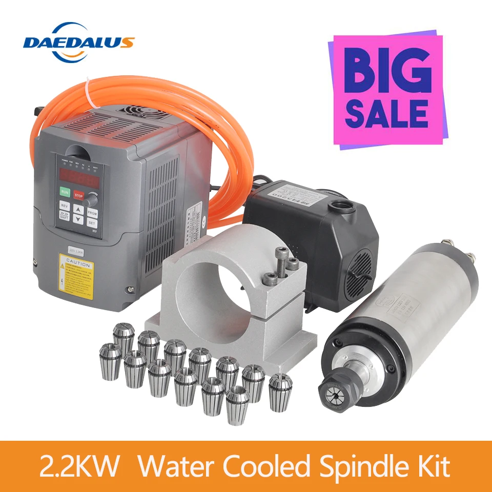 2.2kw ER20 Water Cooled Spindle Kit Milling Spindle Motor+2.2KW VFD+80 Clamp+75W WaterPump+5m Pipe+13 ER20 Collet for CNC Router
2.2kw ER20 Water Cooled Spindle Kit Milling Spindle Motor+2.2KW VFD+80 Clamp+75W WaterPump+5m Pipe+13 ER20 Collet for CNC Router