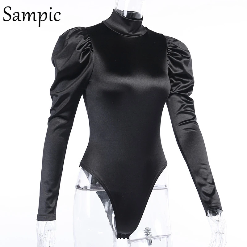 Sampic Women Sexy Casual Stain Turtleneck Long Puff Sleeve Bodysuit Tops Black Ribbed Female Fashion Party Short Romper Bodysuit