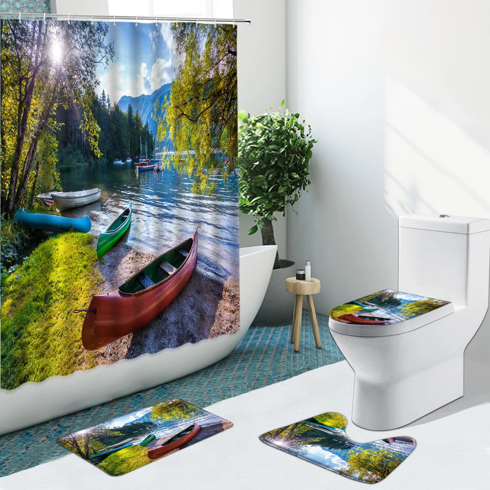 

3D Natural Landscape Mountain Waterfall Forest Reef Sea Bathroom Set Shower Curtain Non-Slip Rugs Flannel Toilet Cover Bath Mat