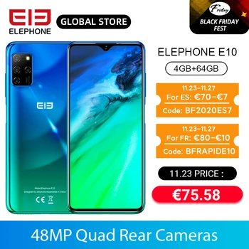 

ELEPHONE E10 4GB 64GB Smartphone 6.5'' Waterdrop Screen 48MP Quad Rear Cameras MT6762D Octa Core 4000mAh Android 10.0 NFC