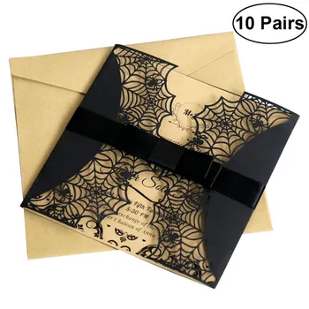 

10pcs Creative Cut Halloween Invitations Card Hollow Horror Party Invitations Cards Spiderweb Design Cards with Bowknots (Blac