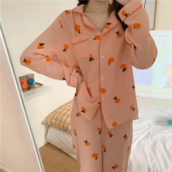 Autumn Sweet Orange Print Pajamas Set Women Cute Cartoon Casual Homewear Lapel Long Sleeve Shirt+Pants Sleepwear Pocket Y044
Autumn Sweet Orange Print Pajamas Set Women Cute Cartoon Casual Homewear Lapel Long Sleeve Shirt+Pants Sleepwear Pocket Y044