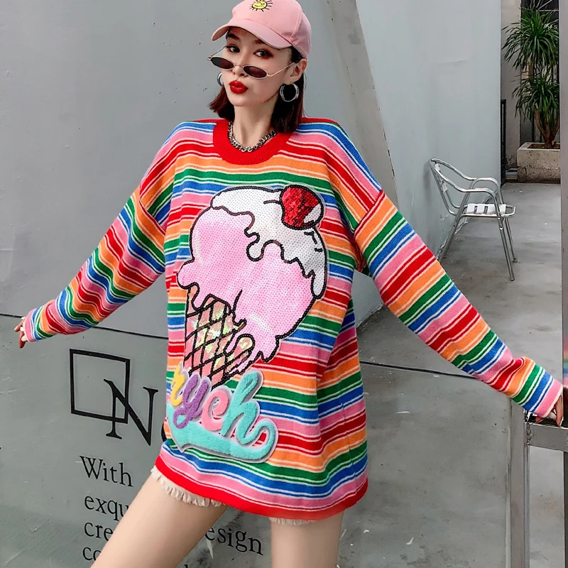Women's plus size inner and outer sweater women's spring and autumn new rainbow stripes loose ins tide all-match knitted top
Women's plus size inner and outer sweater women's spring and autumn new rainbow stripes loose ins tide all-match knitted top