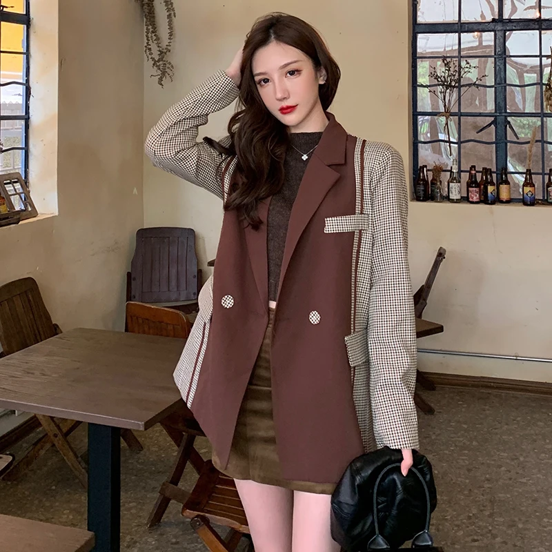 GALCAUR Vintage Hit Color Blazer For Women Notched Long Sleeve Patchwork Plaid Casual Female Blazers 2019 Autumn Fashion New (1).jpg