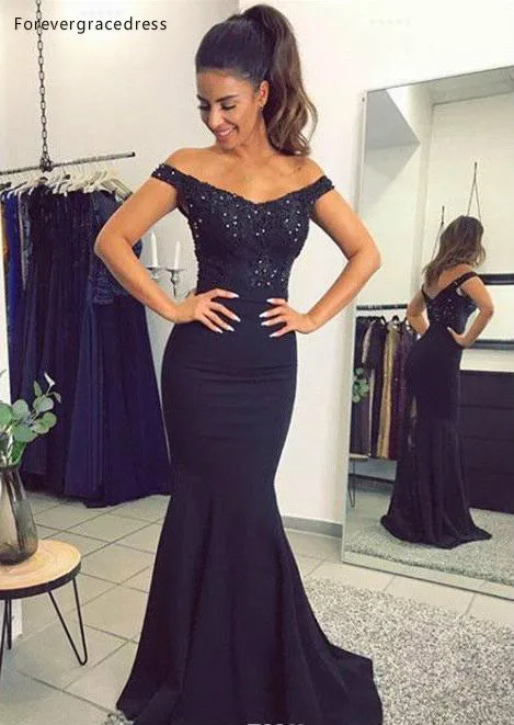 2018 Navy Blue Lace Applique Mermaid Prom Dresses Off The Shoulder Mermaid Beading Bridesmaid Dress For Party Gowns BA7159 91 (3)