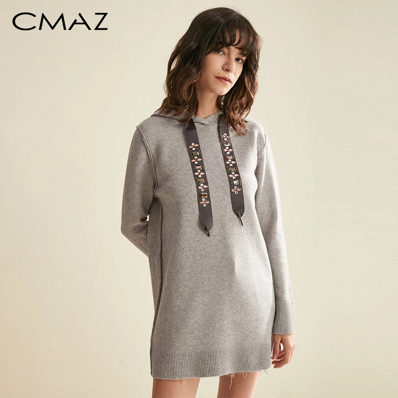 CMAZ Милое красивое стильное теплое платье -свитер с капюшоном и длинными рукавами.