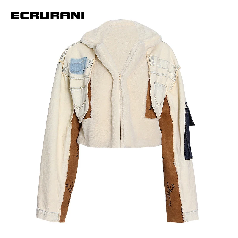 

ECRURANI Patchwork Casual Coats For Women Lapel Long Sleeve Hit Color Pockets Zipper Vintage Coat Females 2022 Fashion New Style