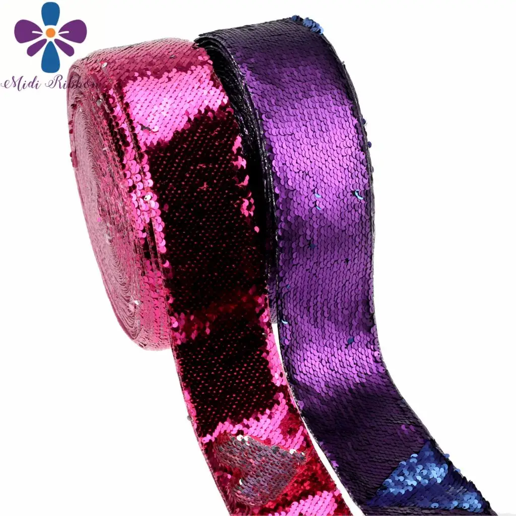 

3"75mm Solid Color Double Reversible Sequin Ribbon Purple Lt.Navy Rose Pink DIY Party Gift Hair Bowknots Making 25yards/roll