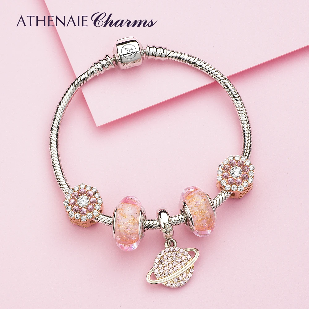 

ATHENAIE Authentic 925 Sterling Silver Pink Planet Charms Bracelet with CZ Charm Beads for Women Valentine's Day Gift Color Pink
