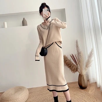 Autumn Winter Two Piece Set Women Hit color Knit Sport Suits Women V-neck Sweater + High waist Long skirt suit Women Outfits 
Autumn Winter Two Piece Set Women Hit color Knit Sport Suits Women V-neck Sweater + High waist Long skirt suit Women Outfits