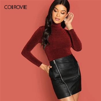 

COLROVIE Burgundy High Neck Fitted Glitter Top Women Slim Fit Solid Elegant Tees 2019 Fall Ladies Basics Casual Pullovers Tops