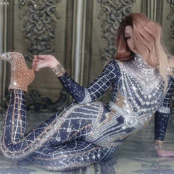 반짝이는 라인석 크리스탈 점프 슈트, 여성 긴 소매 나이트 클럽 바 댄스 파티 복장, 가수 재즈 댄스 무대 의상