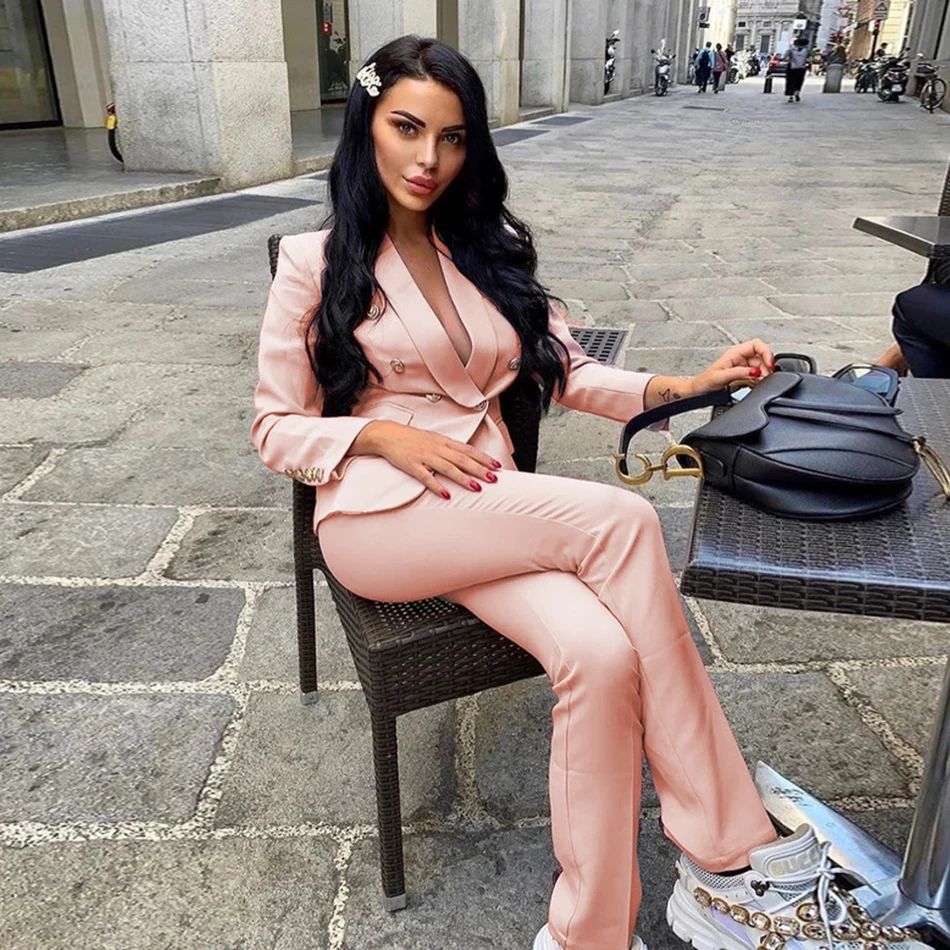 2020 Autumn Winter Fashion Sexy New WomenS Set Double-Breasted Jacket & Pants 2 Two-Piece Office Celebrity Party Pants Set Suit