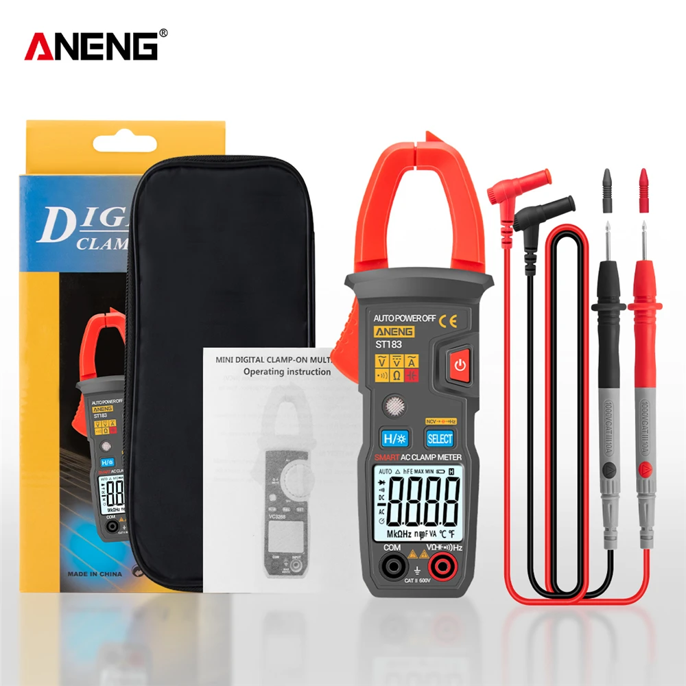 ANENG ST183 Digital Clamp Meter AC Current 6000 Counts True RMS Multimeter DC/AC Voltage Tester Hz Capacitance NCV Ohm Tests
ANENG ST183 Digital Clamp Meter AC Current 6000 Counts True RMS Multimeter DC/AC Voltage Tester Hz Capacitance NCV Ohm Tests