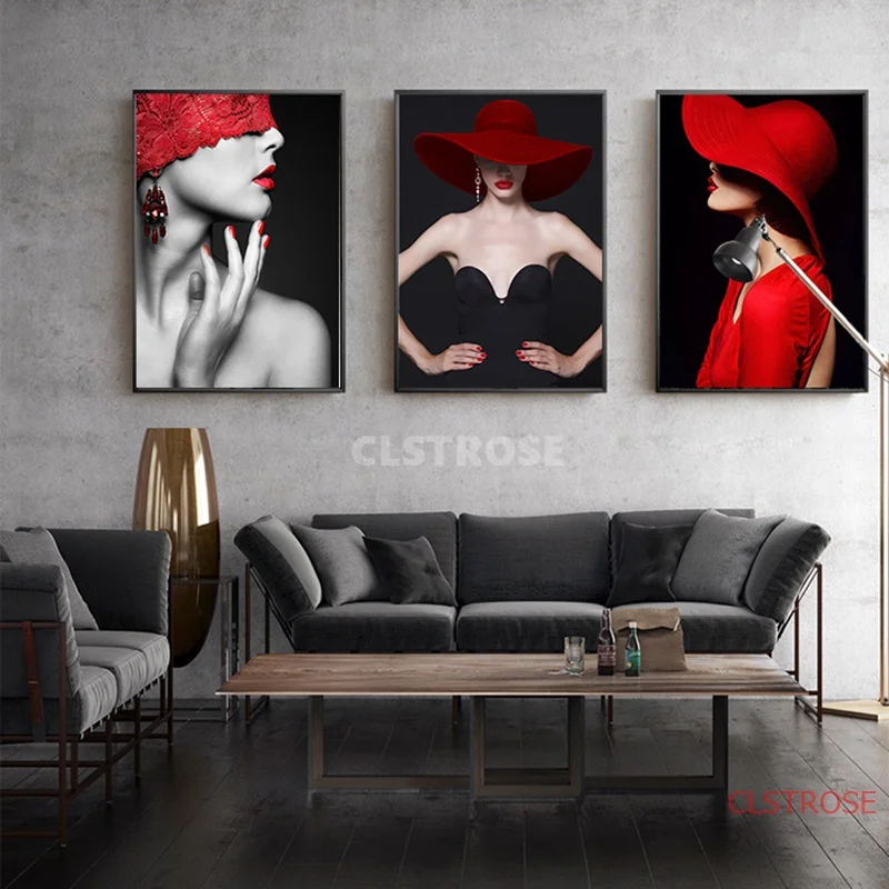 Fashion Red Elegant Women Canvas Painting Modern Figures Wall Pictures For Living Room Home Decoration Nordic Posters And Prints | Дом и сад