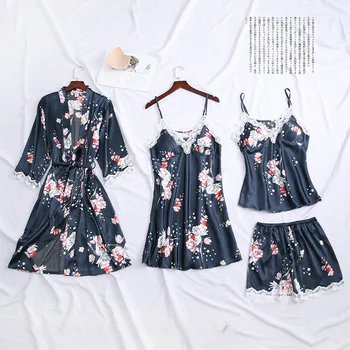 Lady Pajamas Suit 4PCS Sleep Set Satin Silky Spaghetti Strap Top&Shorts Sexy Intimate Lingerie Kimono Bathrobe Gown Homewear 
Lady Pajamas Suit 4PCS Sleep Set Satin Silky Spaghetti Strap Top&Shorts Sexy Intimate Lingerie Kimono Bathrobe Gown Homewear