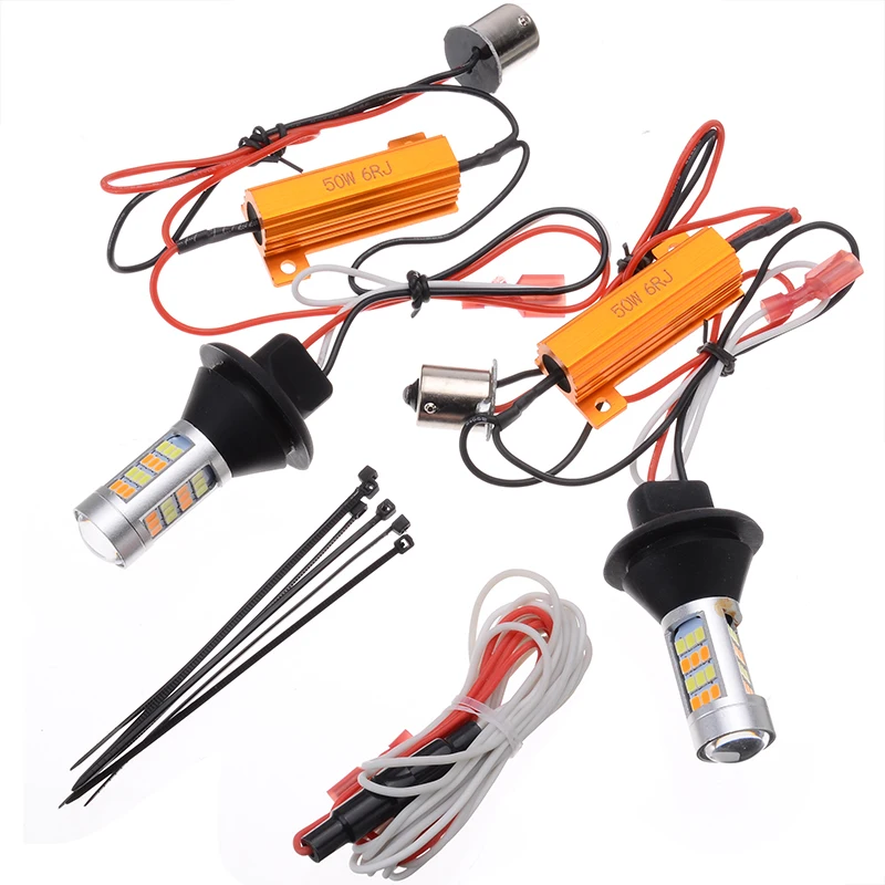 2pcs 1156 High Power Dual Color Switchback LED Bulb P21W S25 BA15S 2835 42LED Daytime Running Turn Signal Lamp with Decoders