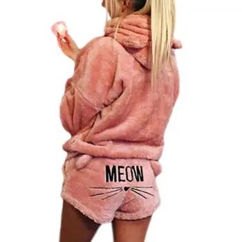 Women Girls Plus Size Winter Thicken Pajamas Set Cute Cat Meow Embroidered Short Pants Long Sleeve Hooded Ears Sweatshirt Warm 
Women Girls Plus Size Winter Thicken Pajamas Set Cute Cat Meow Embroidered Short Pants Long Sleeve Hooded Ears Sweatshirt Warm