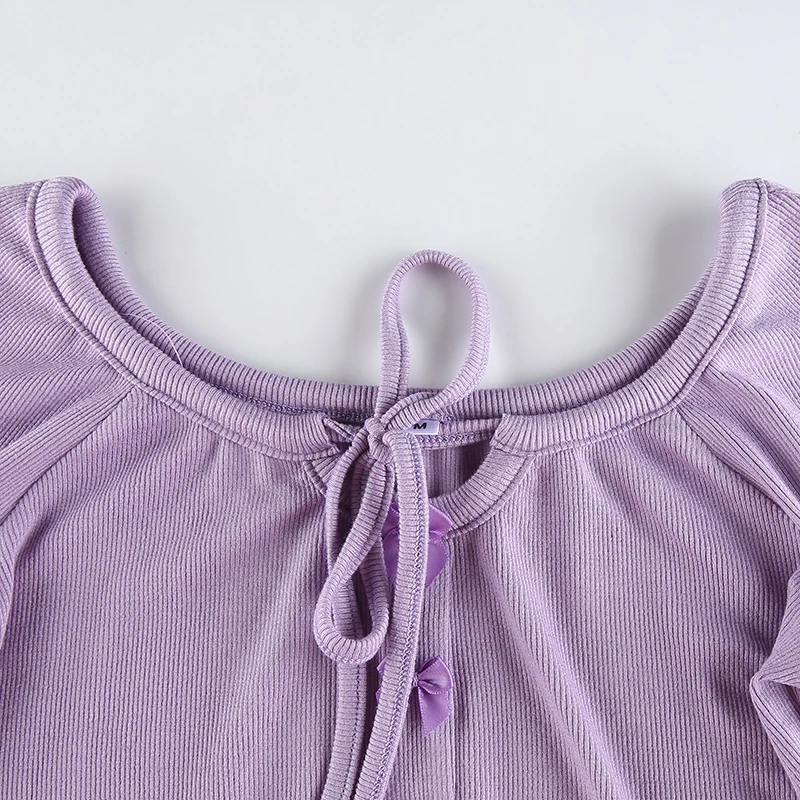 Darlingaga Crew Neck Bow Lace Up Woman T-shirts Purple Solid Slim Long Sleeve Autumn T shirt Casual Crop Tops Tee Shirts Korean