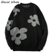 

GlacialWhale Men Cardigan Knitted Men Winter Fashion New Flower pattern Sweater Male Casual Oversized Sweaters Black Sweater Men