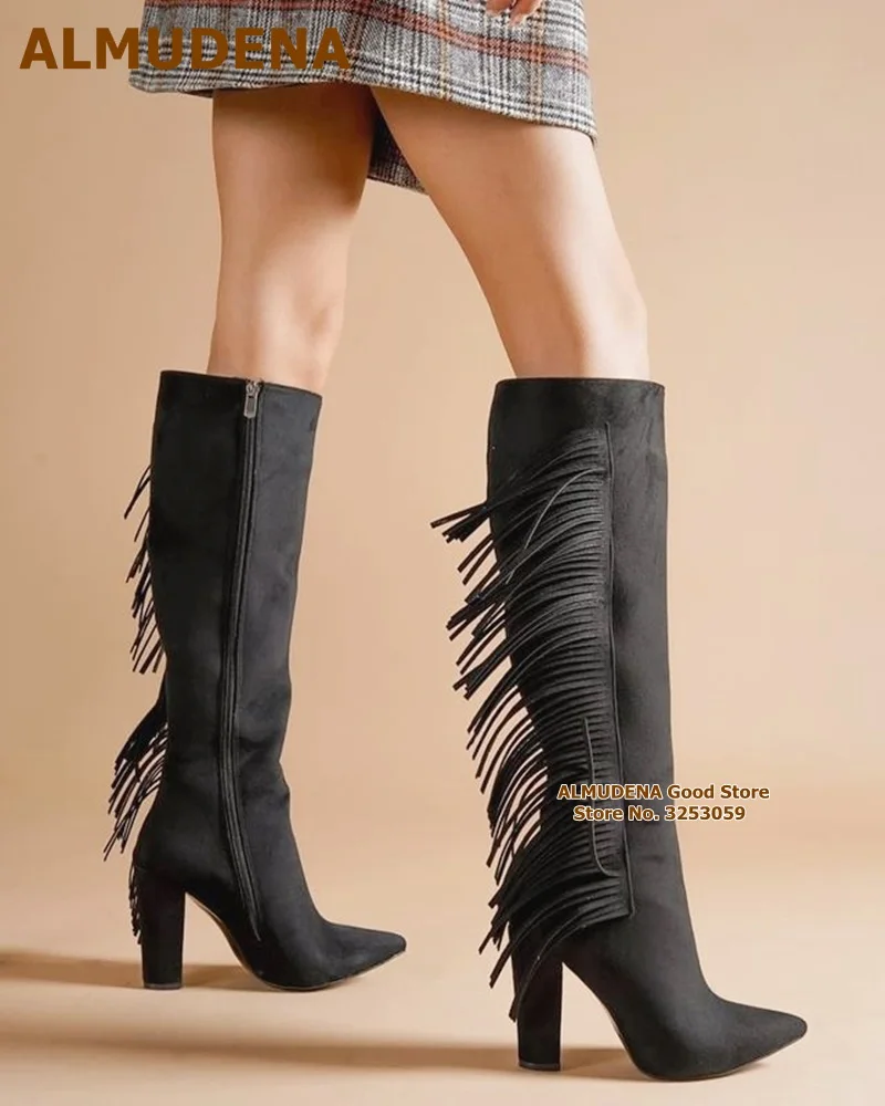 

ALMUDENA Women Black Suede Fringe Knee High Boots Chunky Heels Pointy Toe Tassel Embellished Tall Boots Elegant Long Dress Shoes