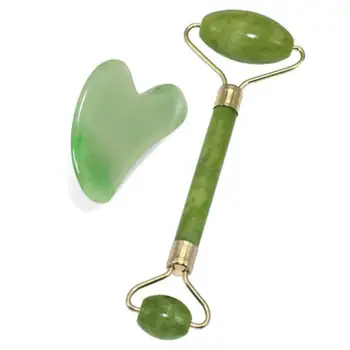 

New 2 in 1 Green Roller and GuaSha Tool Set By Natural Jade Scraper Massager With Stones For Face Neck Back Jawline Facial Lift