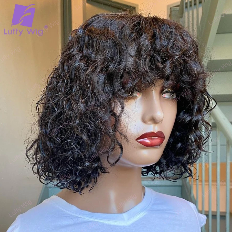 

Short Curly Wig With Bangs Brazilian Remy Human Hair Glueless O Scalp Top Curly Bob Wigs For Black Women 200 Density Luffywig