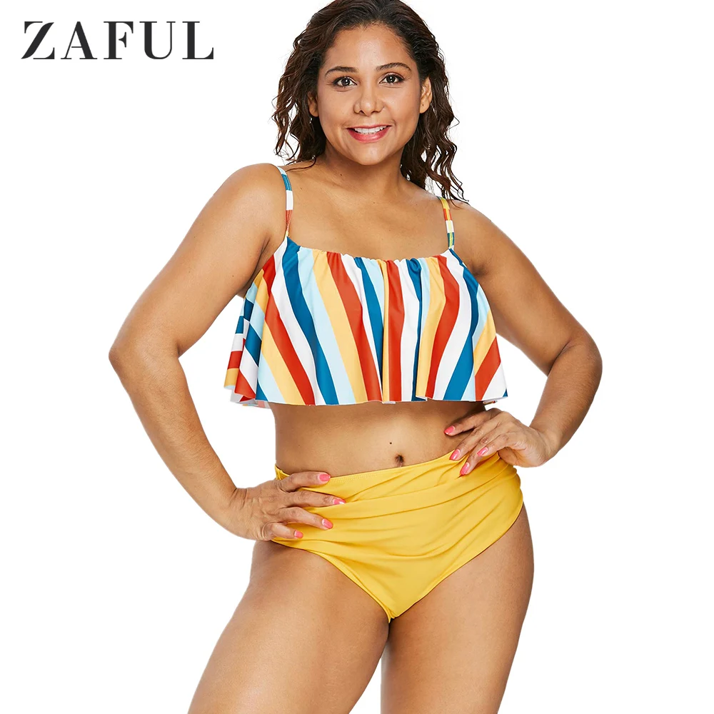 ZAFUL Plus Size High Waist Colorful Striped Swimwear Women Ruffle Strap Top Two Piece Bikini Set Push Up Swimsuit Bath Beachwear |