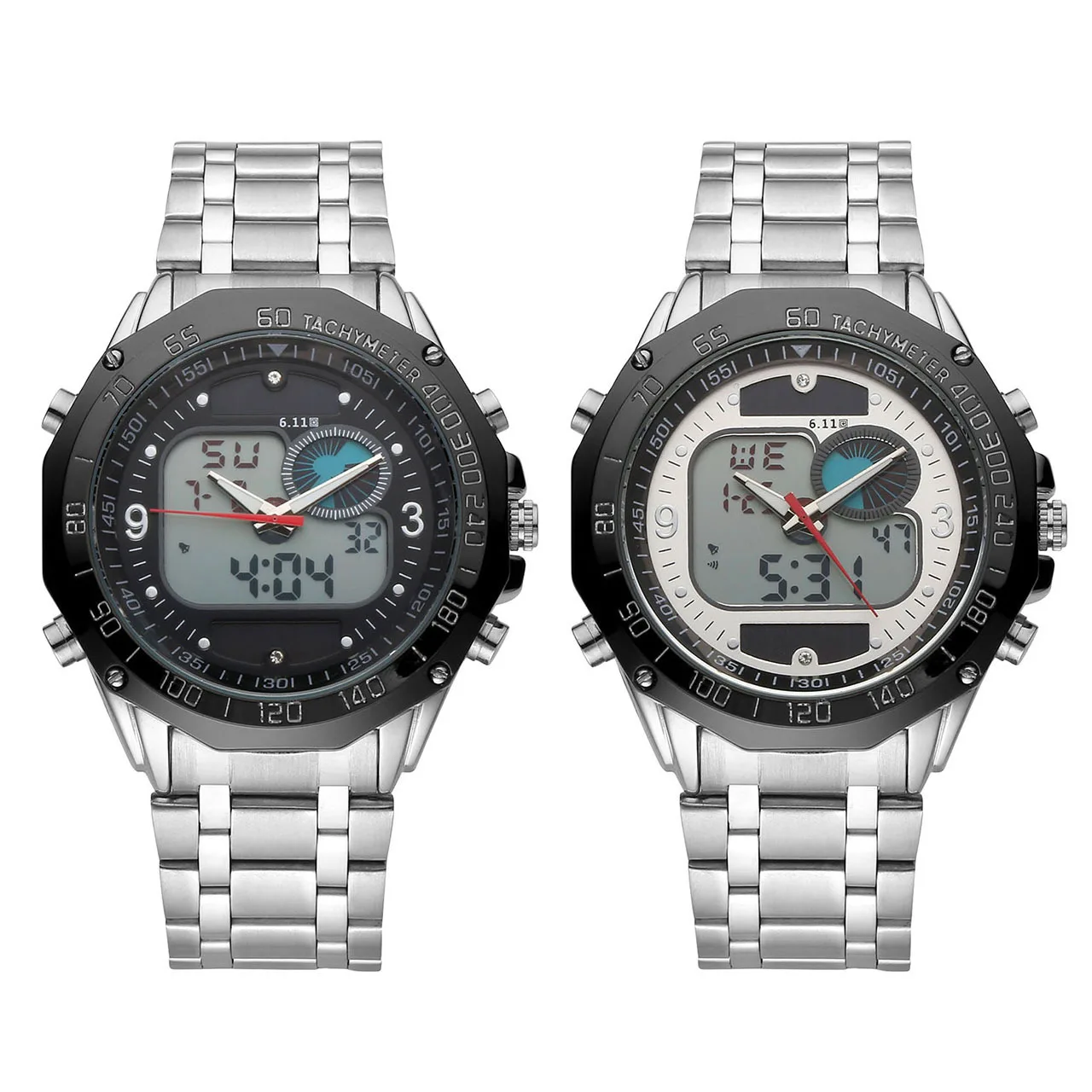 Export 611 Date Water-Resistant Seconds Dual Display Night Light Steel Watch