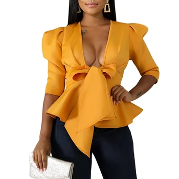 Casual Women Tops Blouses Autumn Fashion Half Sleeve Ruffles Shirts Evening Party Wear Peplum Top Lady Bow Tie Shirt Black White 
Casual Women Tops Blouses Autumn Fashion Half Sleeve Ruffles Shirts Evening Party Wear Peplum Top Lady Bow Tie Shirt Black White