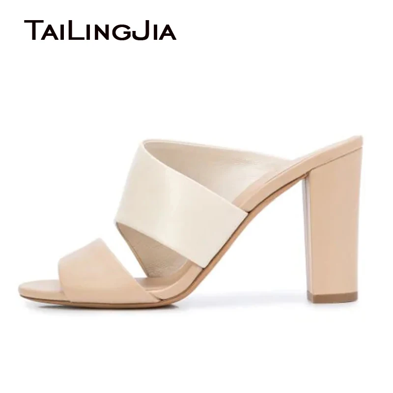 

Open toe Chunky Heel Mule Sandals for Women 2020 Nude PU Leather Slip on Block Heel Sandal Elegant Ladies Large Size Summer Shoe