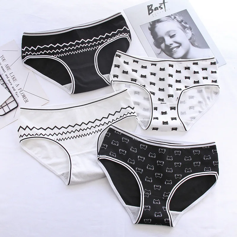 Sous-vêtements en coton pour femmes, noir et blanc, respirant, tendance, taille moyenne, slip, entrejambe 4