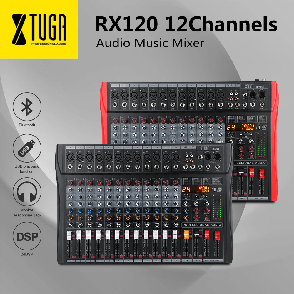 XTUGA 12 Channels Mic Line Audio Mixer Mixing Console Built-in 24-bit DSP Digital Effect with Recording and Monitor Function
XTUGA 12 Channels Mic Line Audio Mixer Mixing Console Built-in 24-bit DSP Digital Effect with Recording and Monitor Function