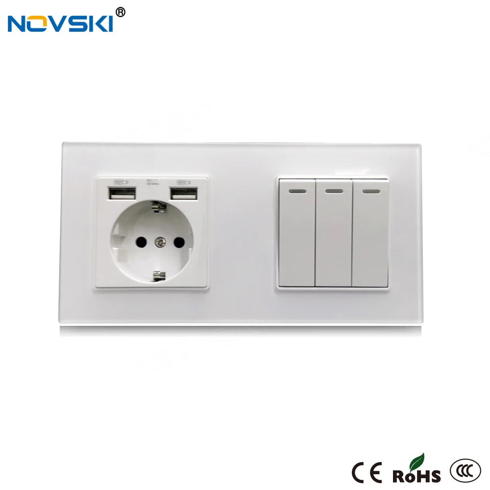 NOVSKI Crystal Glass Wall Socket USB 2.1A Port 3 Gang Push-button Power Switch 16A EU Plug Electrical Socket 86*172mm White 
NOVSKI Crystal Glass Wall Socket USB 2.1A Port 3 Gang Push-button Power Switch 16A EU Plug Electrical Socket 86*172mm White