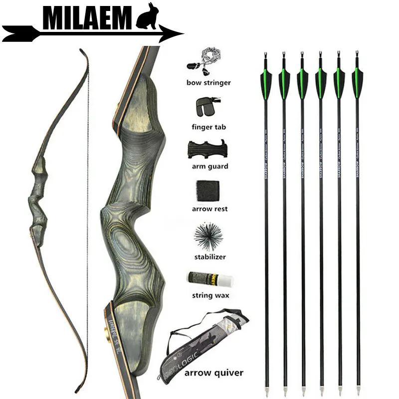 60inch Archery Recurve Bow and Arrow Set Carbon Arrows Quiver 15inch Wooden Riser 30-60lbs Shooting Accessories | Спорт и