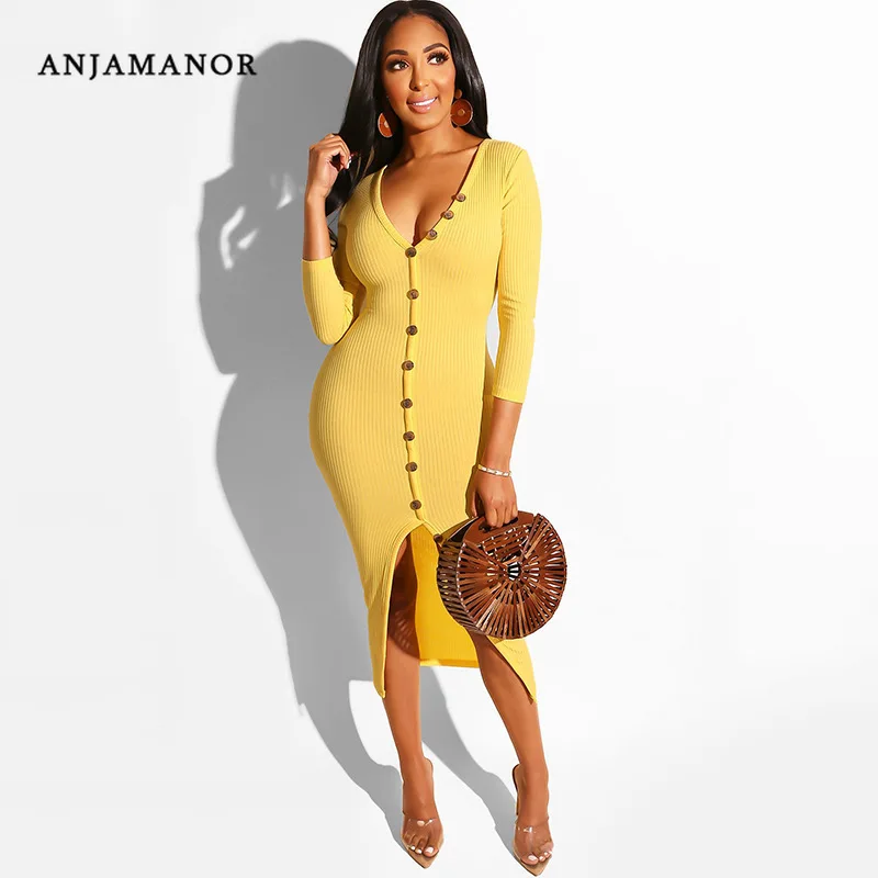 ANJAMANOR Button Down Spit Rib Knit Long Dress 2019 Women Fall Clothing Solid Color Sexy Bodycon Sweater Dresses Yellow D92-AC45
ANJAMANOR Button Down Spit Rib Knit Long Dress 2019 Women Fall Clothing Solid Color Sexy Bodycon Sweater Dresses Yellow D92-AC45