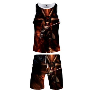 Newest 3D Attack on Titan Two Piece Set Summer Baseball Tank Tops+Beach Shorts 2020 Hot Sale Casual Streetwear Clothes