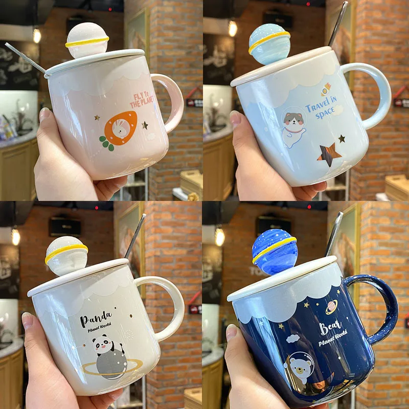 

350ml Ceramic Mug with Lid and Spoon Set Creative Cartoon Adorable Planet Coffee Mug Personalized Water Cup for Student Couple
