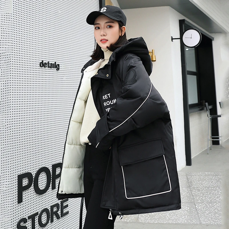 Женские Длинные куртки в Корейском стиле Зимняя Толстая парка с капюшоном и