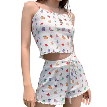Summer Women Casual Pajamas two pieces Print Casual Sweet Ladies Sling Crop tops Shorts Clothing set Stretch Sleepwear Tracksuit 
Summer Women Casual Pajamas two pieces Print Casual Sweet Ladies Sling Crop tops Shorts Clothing set Stretch Sleepwear Tracksuit