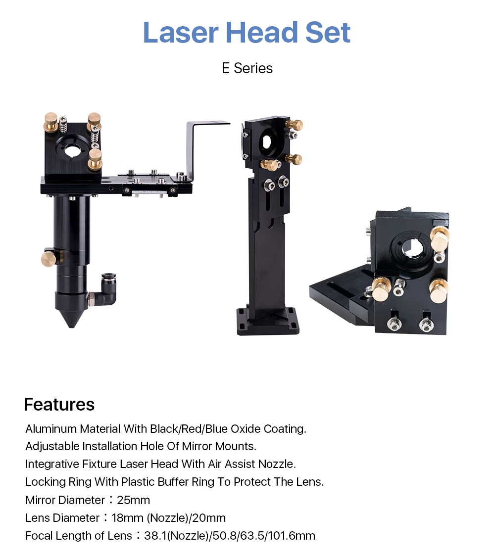 Cloudray New CO2 E Series Laser Head Set with Lens D20mm FL50.8 & 63.5 & 101.6 Mirror 25mm for Laser Engraving Cutting Machine