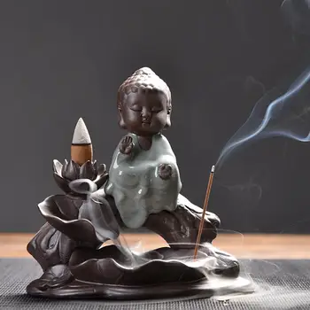 

small buddha backflow incense burner smoke waterfall incense cone sticks holder ceramic censer meditation buddhist temple decor