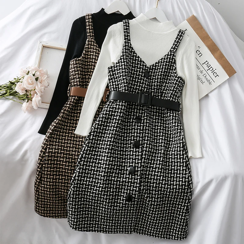 Plaid Casual Dress Set Women White Elastic Sweater + Strap High Waist Knitting Coarse Camisole DressFemale Vintage Matching Set
Plaid Casual Dress Set Women White Elastic Sweater + Strap High Waist Knitting Coarse Camisole DressFemale Vintage Matching Set