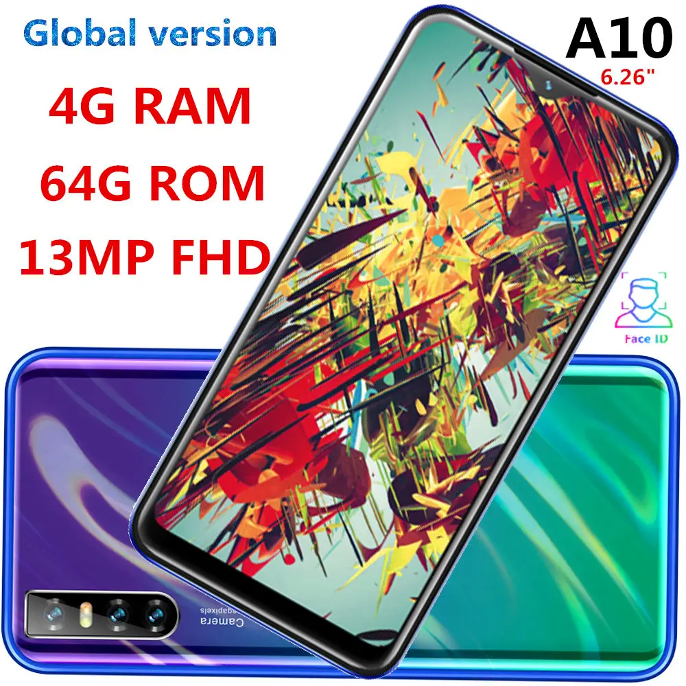 

A10 global smartphones Water drop screen 6.26inch 4G RAM 64G ROM quad core 13mp Face ID unlocked android mobile phones celulares