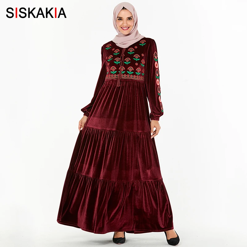 

Siskakia Velvet Long Dress Casual Ethnic Floral Embroidery Maxi Dresses Full Sleeve Winter 2019 Swing Arabian Wears 26 Colors