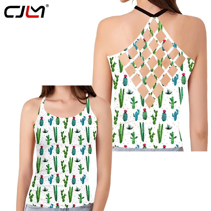

CJLM New Women Summer Cactus Print Sexy Hollow Out Open Back Suspender Vest Sleeveless Tank Top Female Backless Loose Camisole