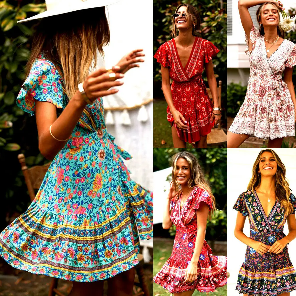 

Hot sexy v-neck mini dress print Women Short Sleeve Wrap Boho Floral Mini Dress Ladies Summer Sundress Holiday