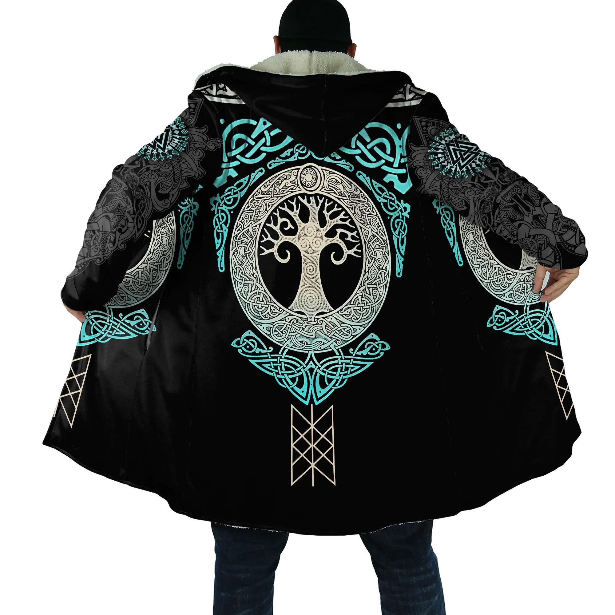 2021 winter New Fashion Mens Hooded cloak Viking tattoo 3D Printing Thick Fleece wind breaker Unisex Casual Warm Hood DP01 | Мужская